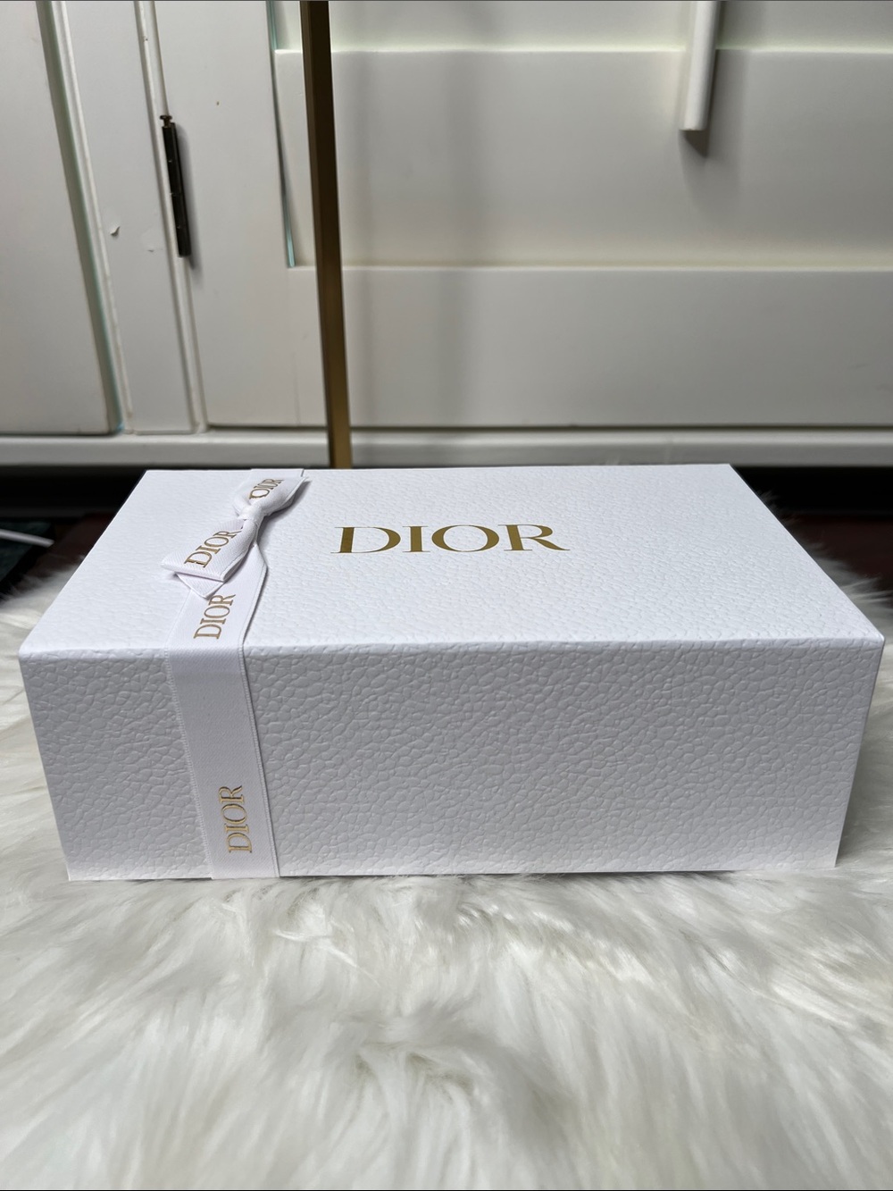 Dior White Box with Dior Ribbon, Paper, shredded Paper 8.75” W x 5.25” H x 3” D